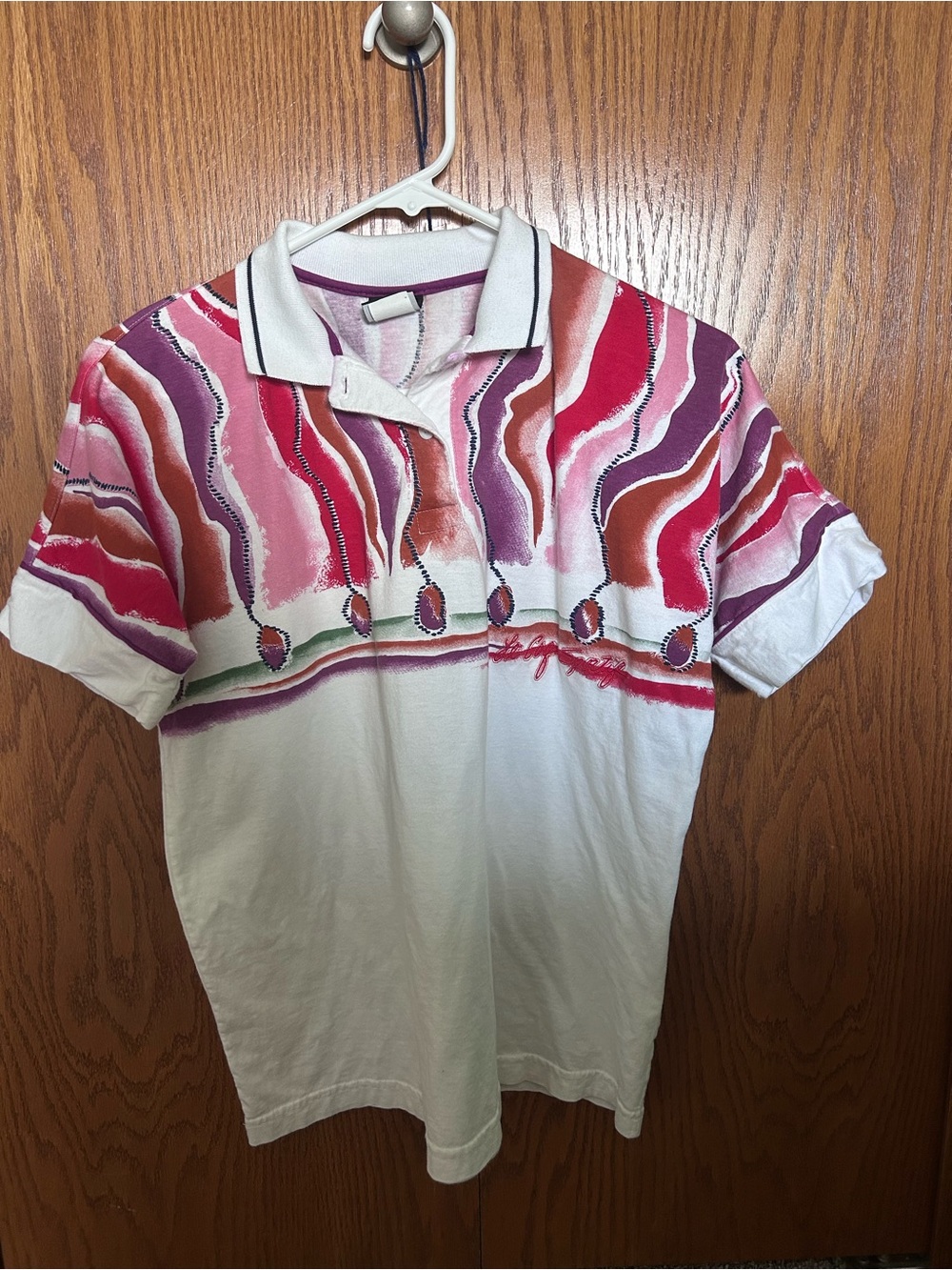 Vintage Le Coq Sportif White Polo with Pink, Red & Purple Wave Print
